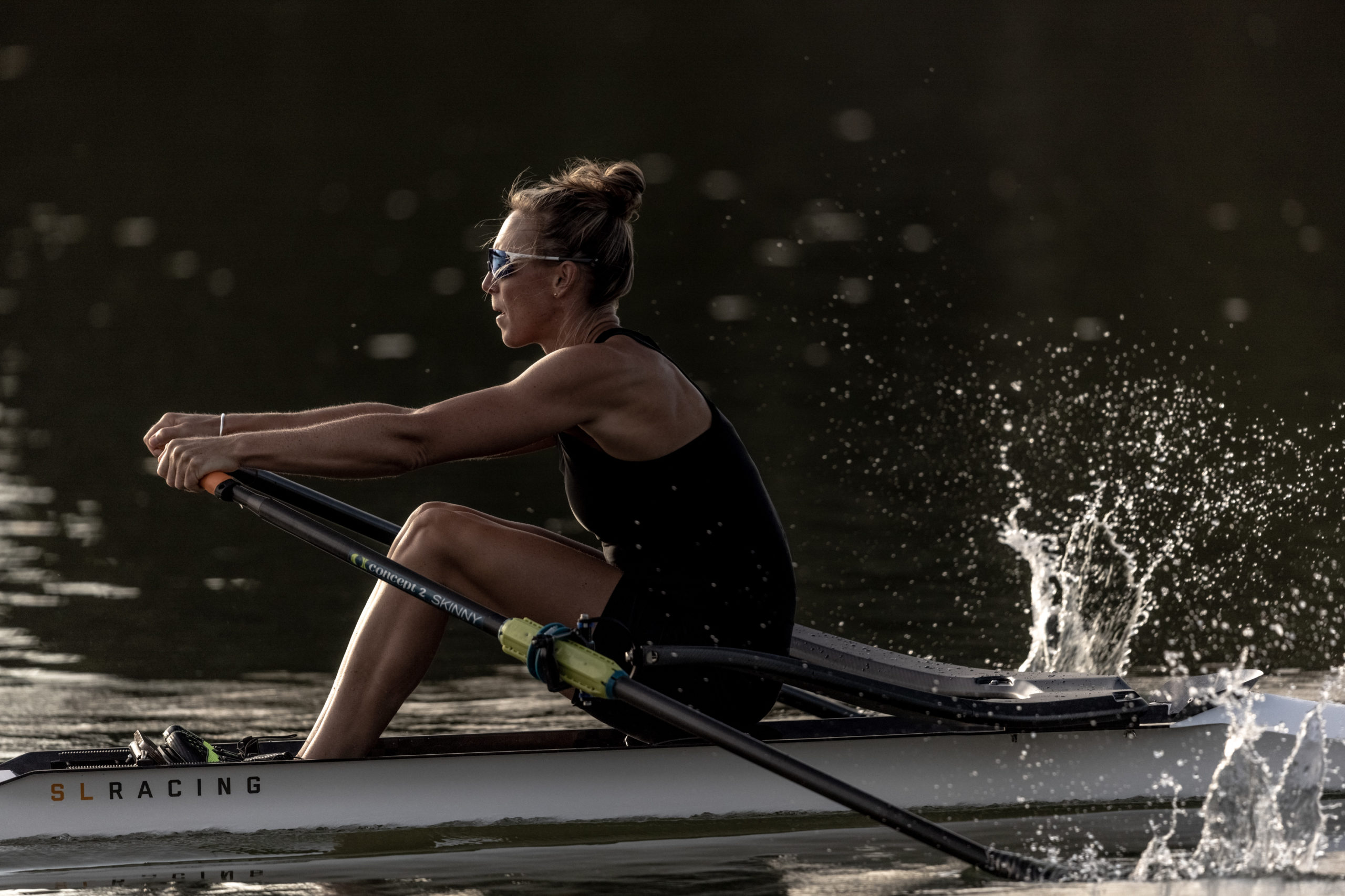 Olympic champion rower Emma Twigg on the Clive River in an SL Racing boat with new Carbon Wing.