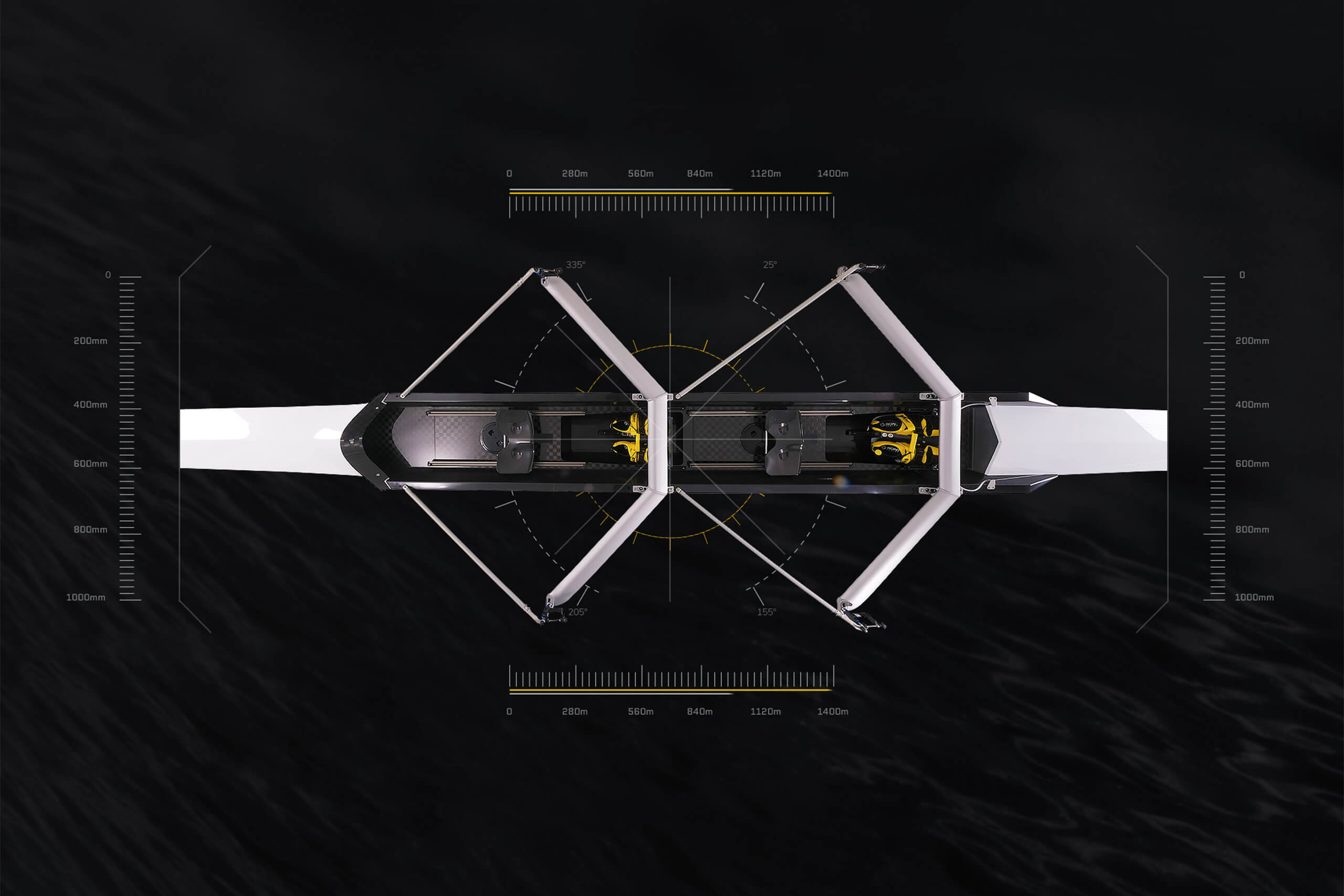 Overhead view of a double scull rowing boat on black background with measurement detail around it.